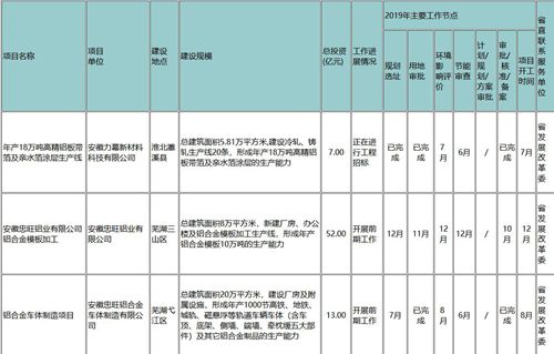 安徽2019年省重大前期工作项目（摘录铝）